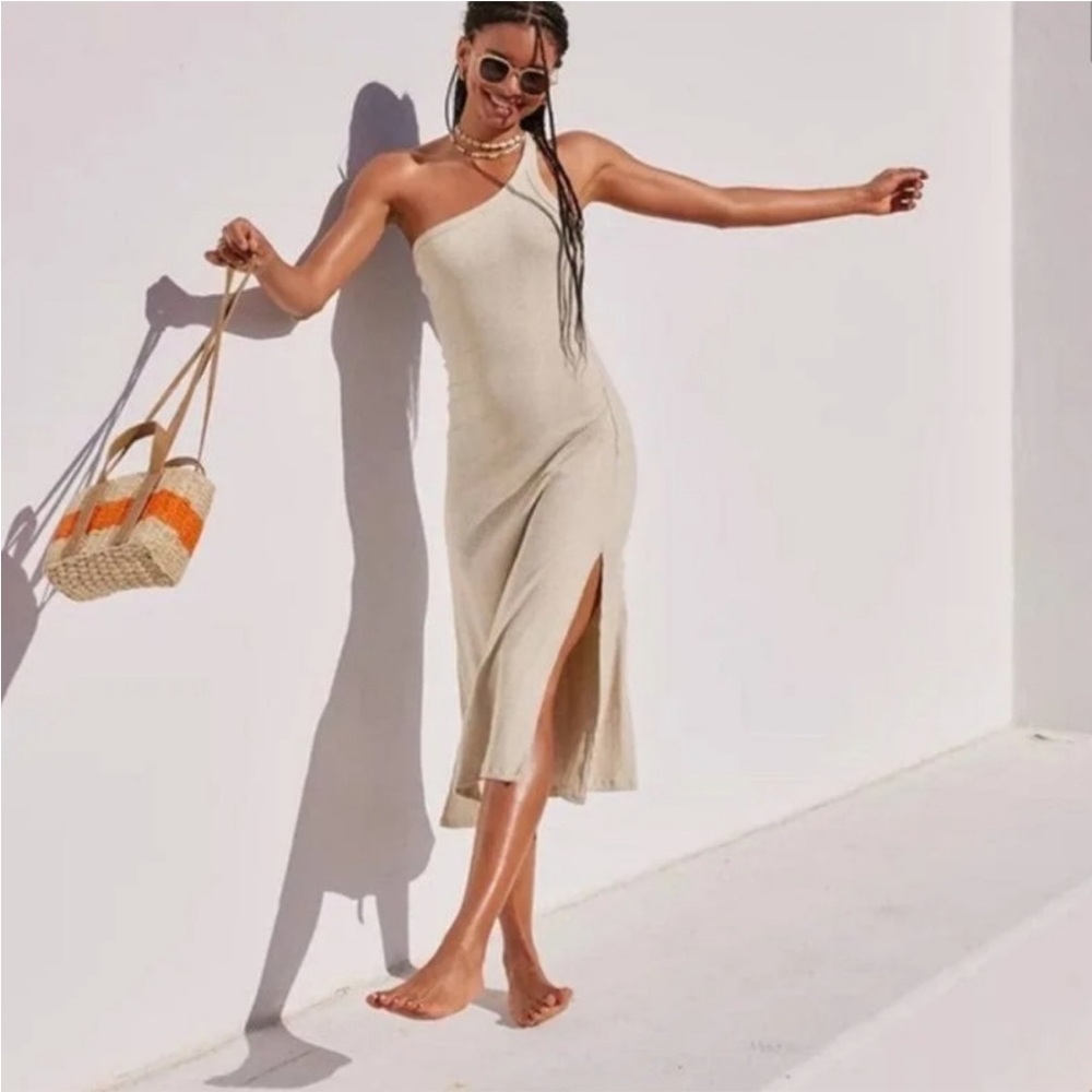 Aerie One-Shoulder Cream Midi Dress